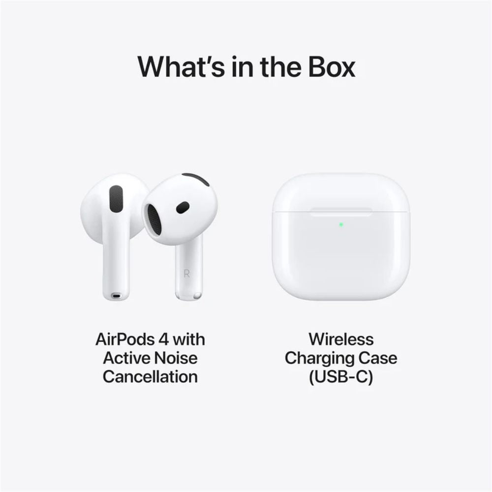 AirPods 4 with Active Noise Cancellation and Wireless Charging Case on a white background