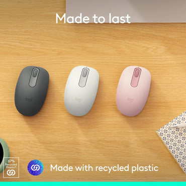 Three Logitech mice in black, white, and pink on a wooden surface with 'Made to last' and 'Made with recycled plastic' text.