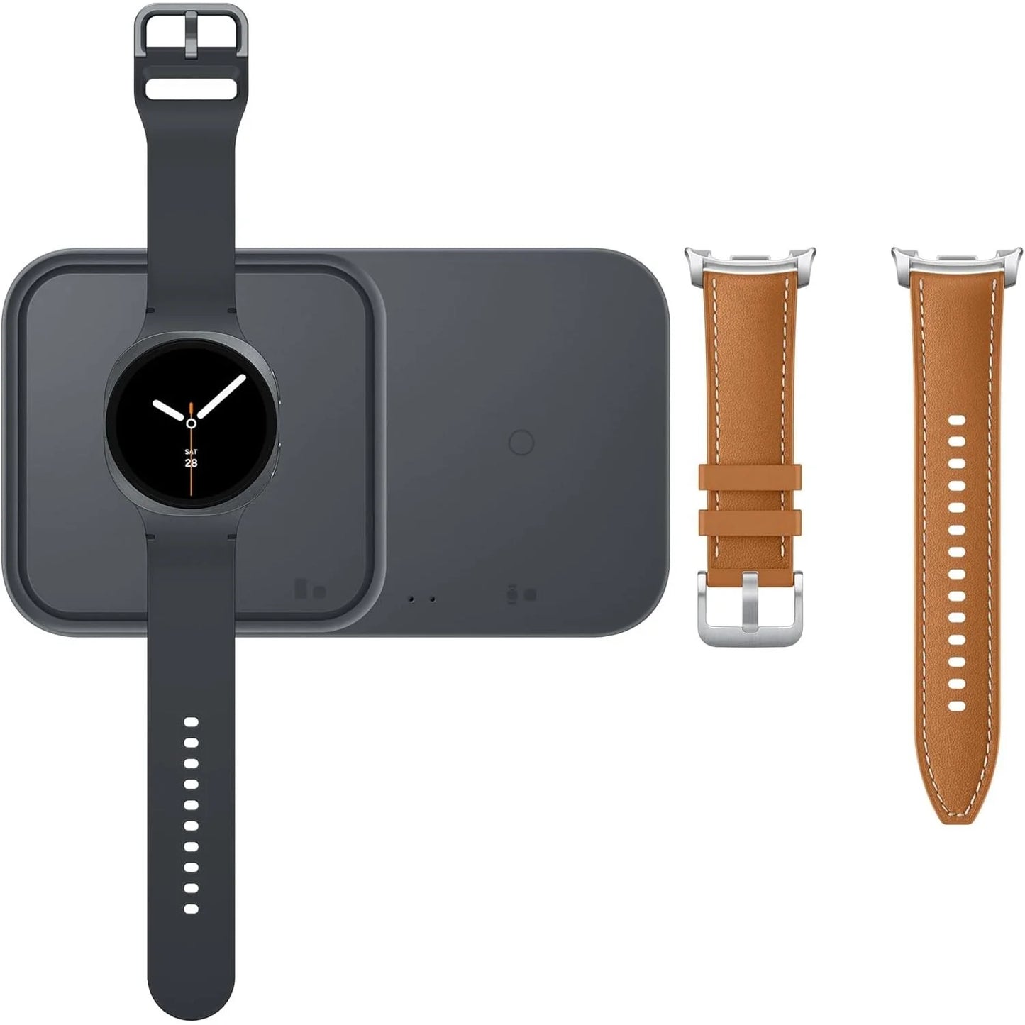 Black smartwatch with gray charging pad and brown leather straps on a white background