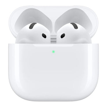 White wireless earbuds in charging case on a white background