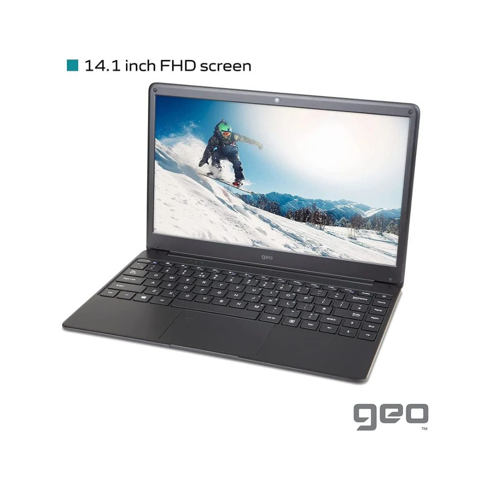 Laptop with 14.1 inch FHD screen displaying a snowboarding scene, on a white background with 'geo' branding.