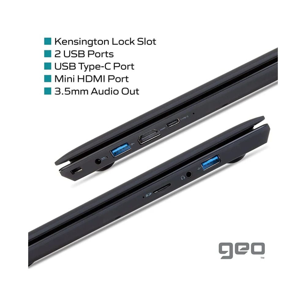 Laptop ports with labeled features on a white background, featuring the 'geo' brand.