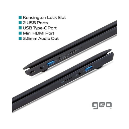 Laptop ports with labeled features on a white background, featuring the 'geo' brand.