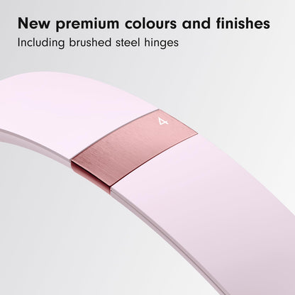 Close-up of a product with a pink and rose gold design, featuring text about new premium colors and finishes.