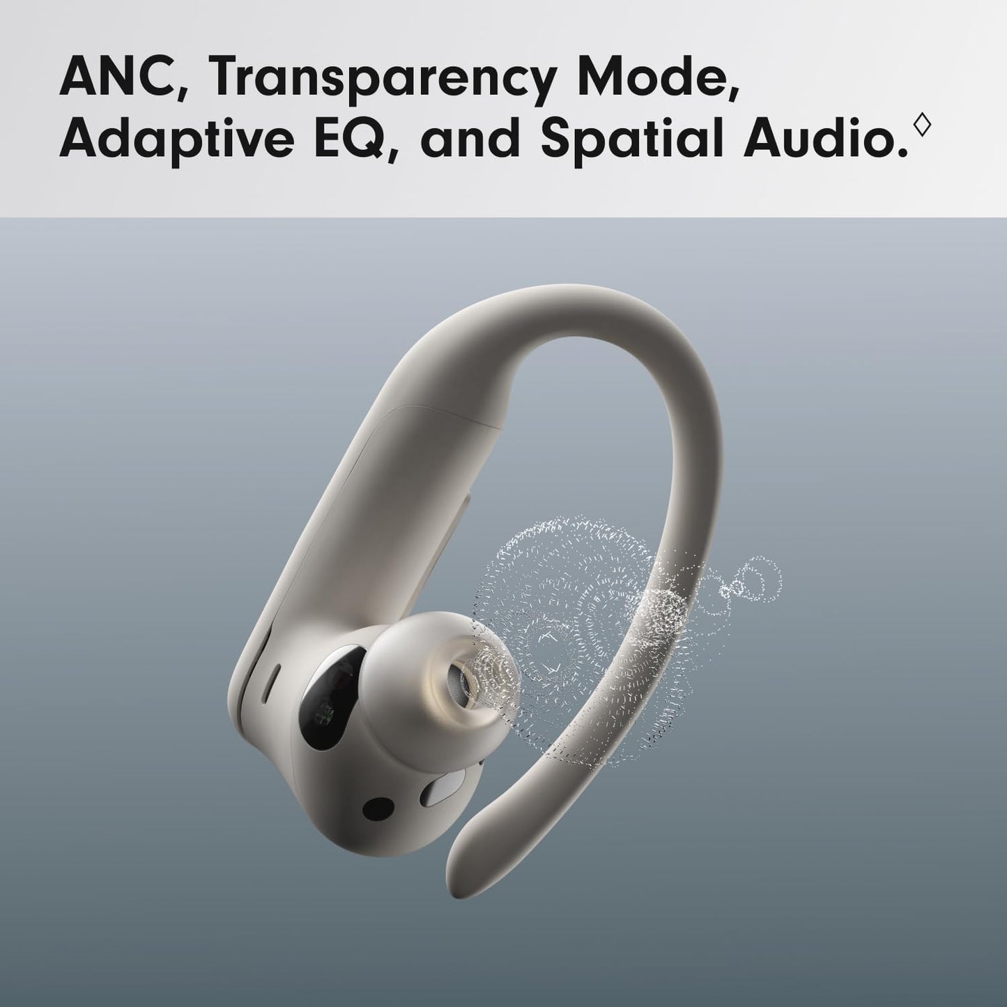 White wireless earbuds with text about audio features on a gray background