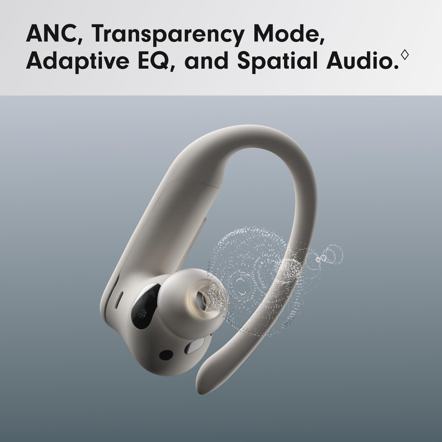 White wireless earbuds with text about audio features on a gray background