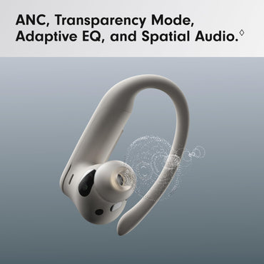 White wireless earbuds with text about audio features on a gray background