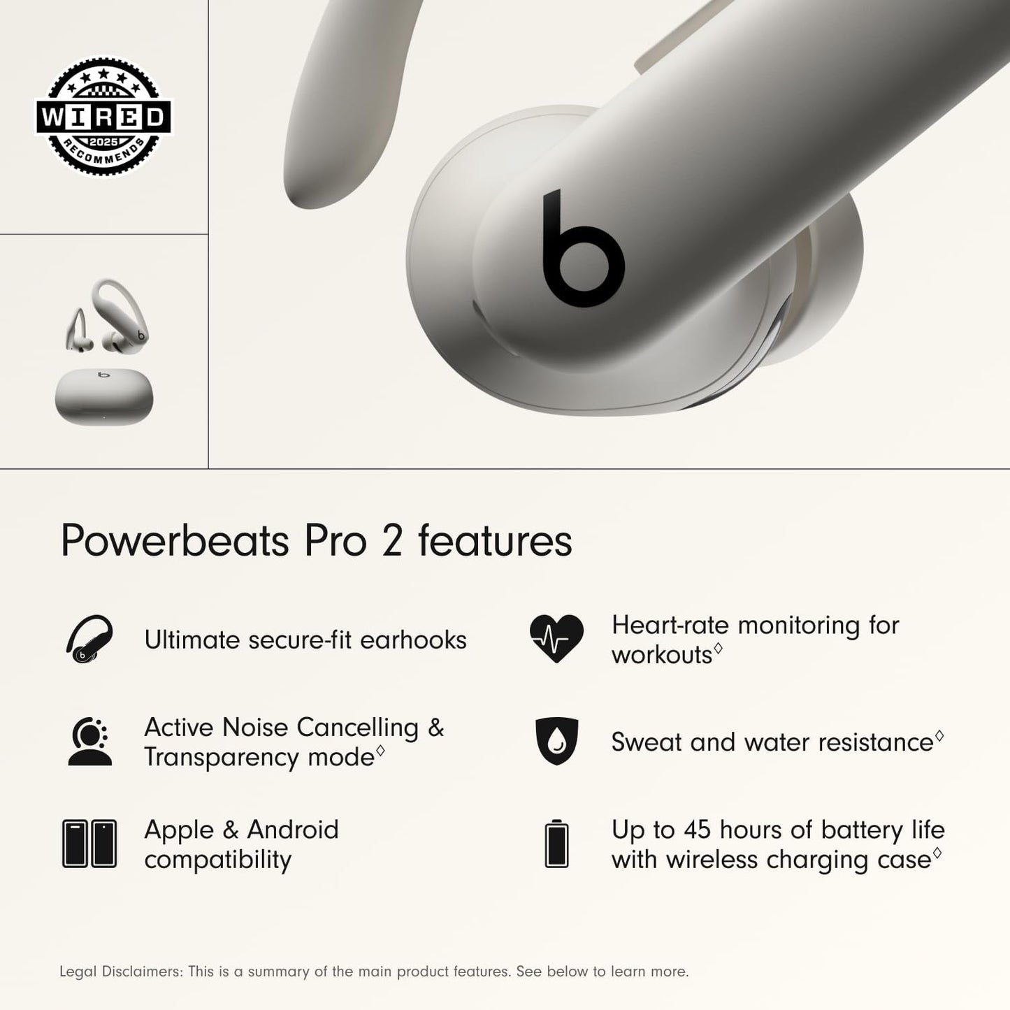 Beats Powerbeats Pro 2 earbuds with features listed on a white background