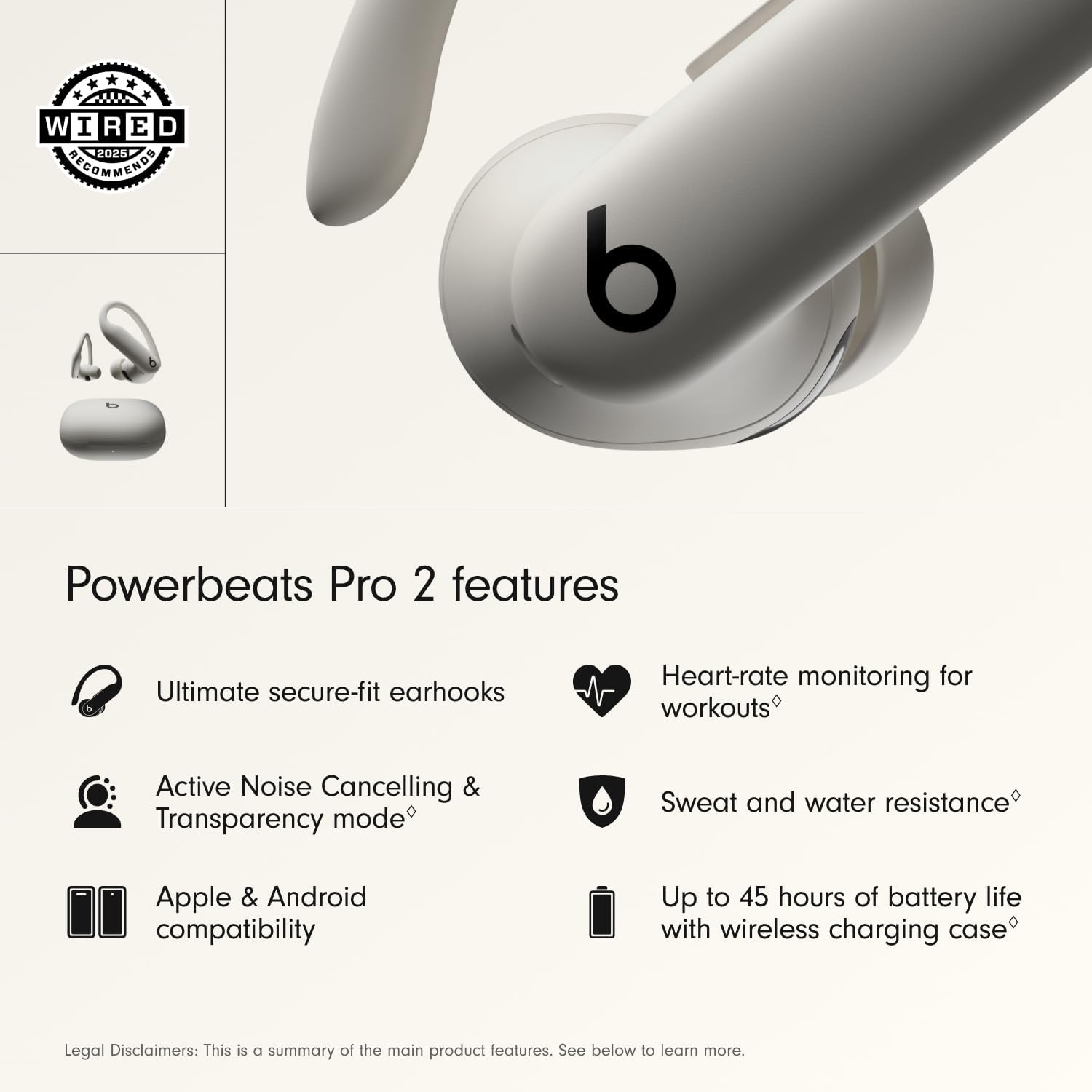 Beats Powerbeats Pro 2 earbuds with features listed on a white background