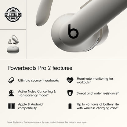 Beats Powerbeats Pro 2 earbuds with features listed on a white background