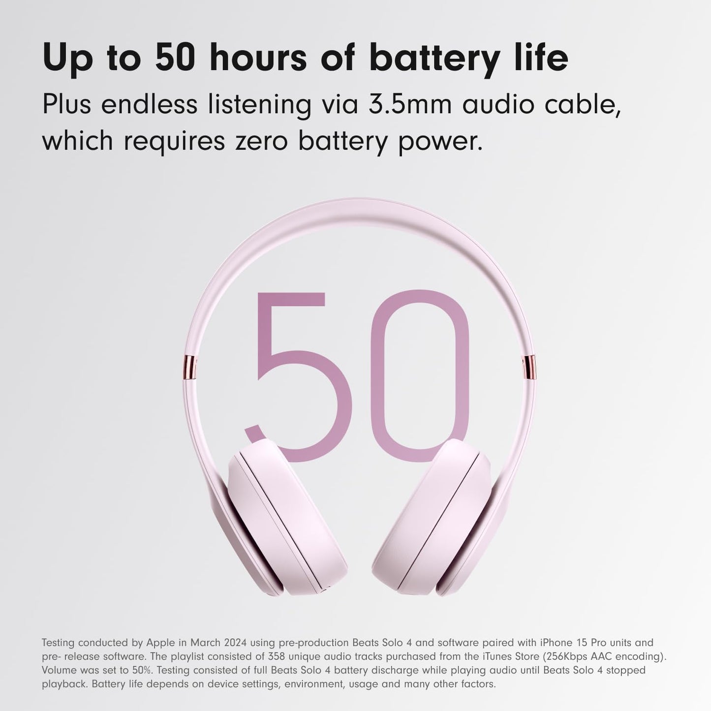 Pink headphones with '50' displayed, featuring text about battery life and audio cable listening.