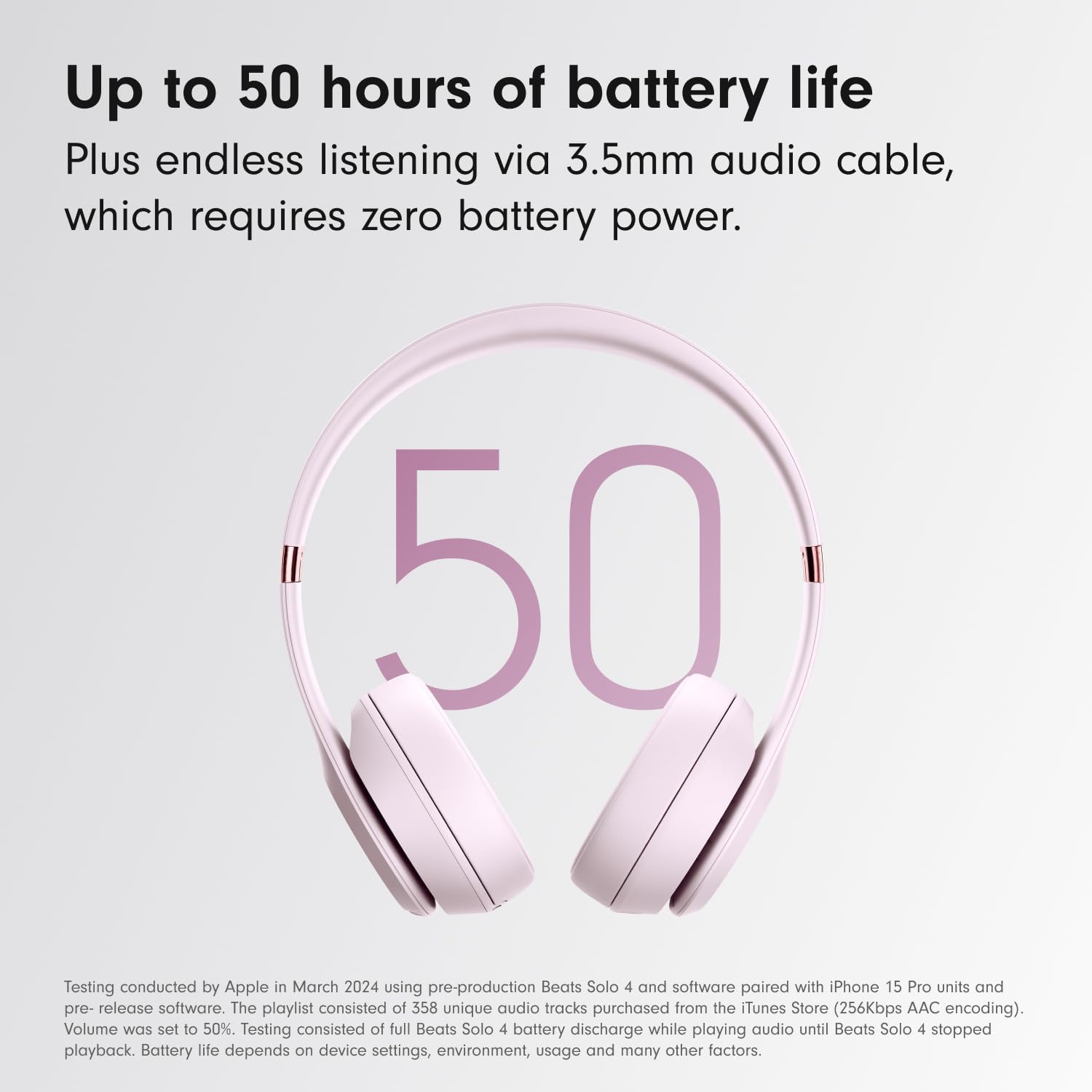 Pink headphones with '50' displayed, featuring text about battery life and audio cable listening.