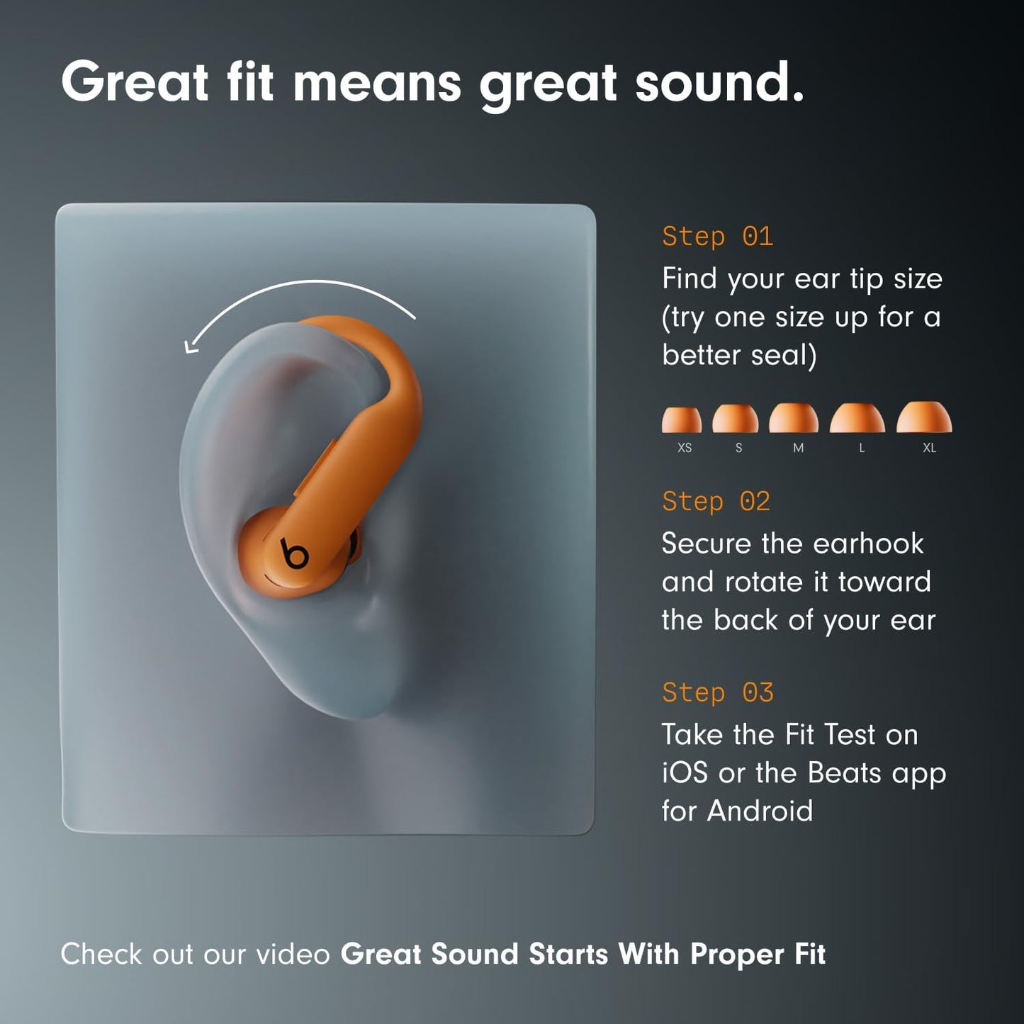 Orange earbud in an ear with instructions on fit and sound quality on a dark background