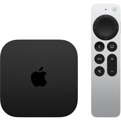 Black Apple TV box and remote control on a white background