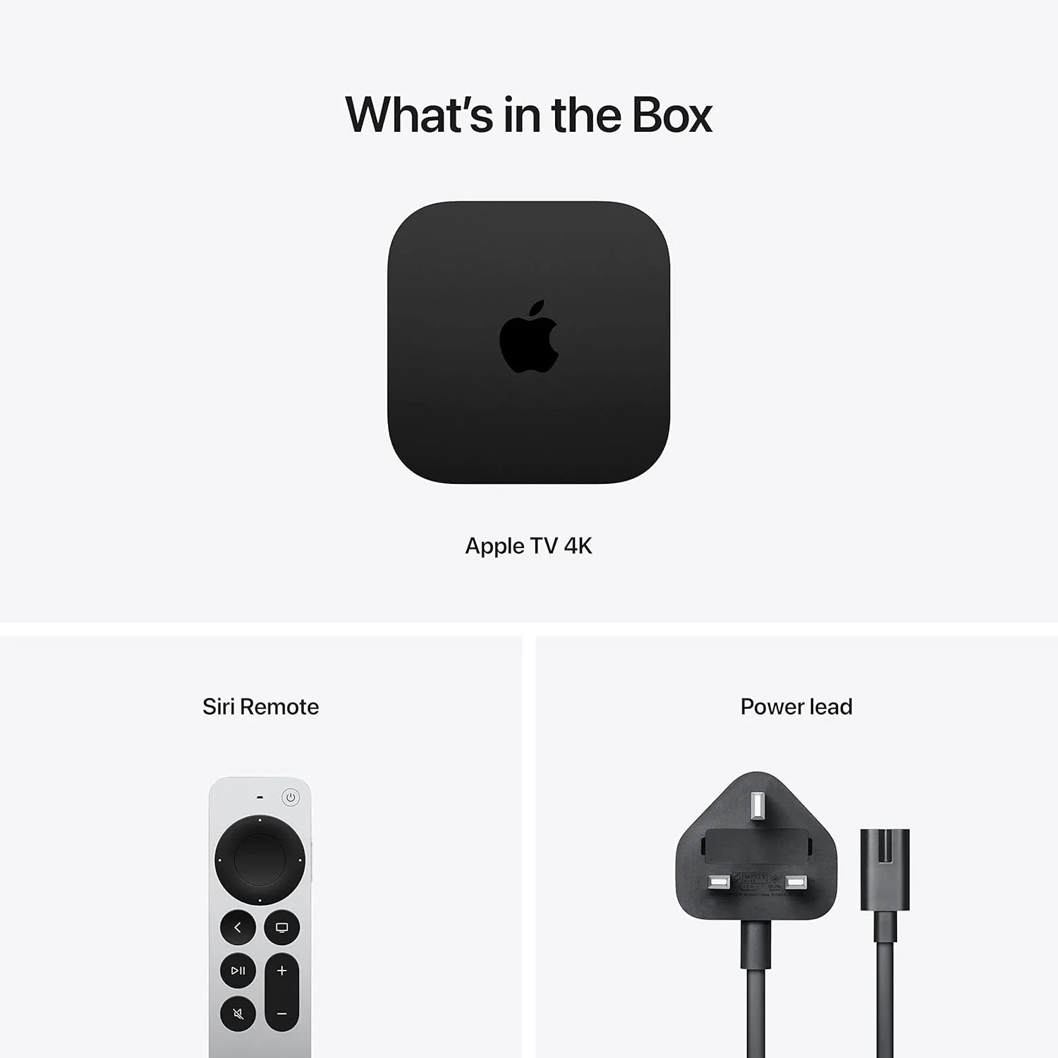 apple tv 4k, Siri remote, power lead.