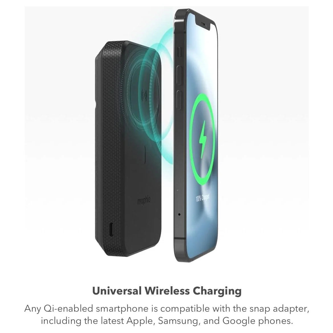 Black snap adapter for universal wireless charging with a smartphone on a white background