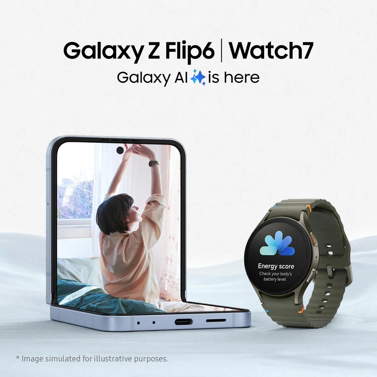Samsung Galaxy Z Flip6 and Watch7 with a white background