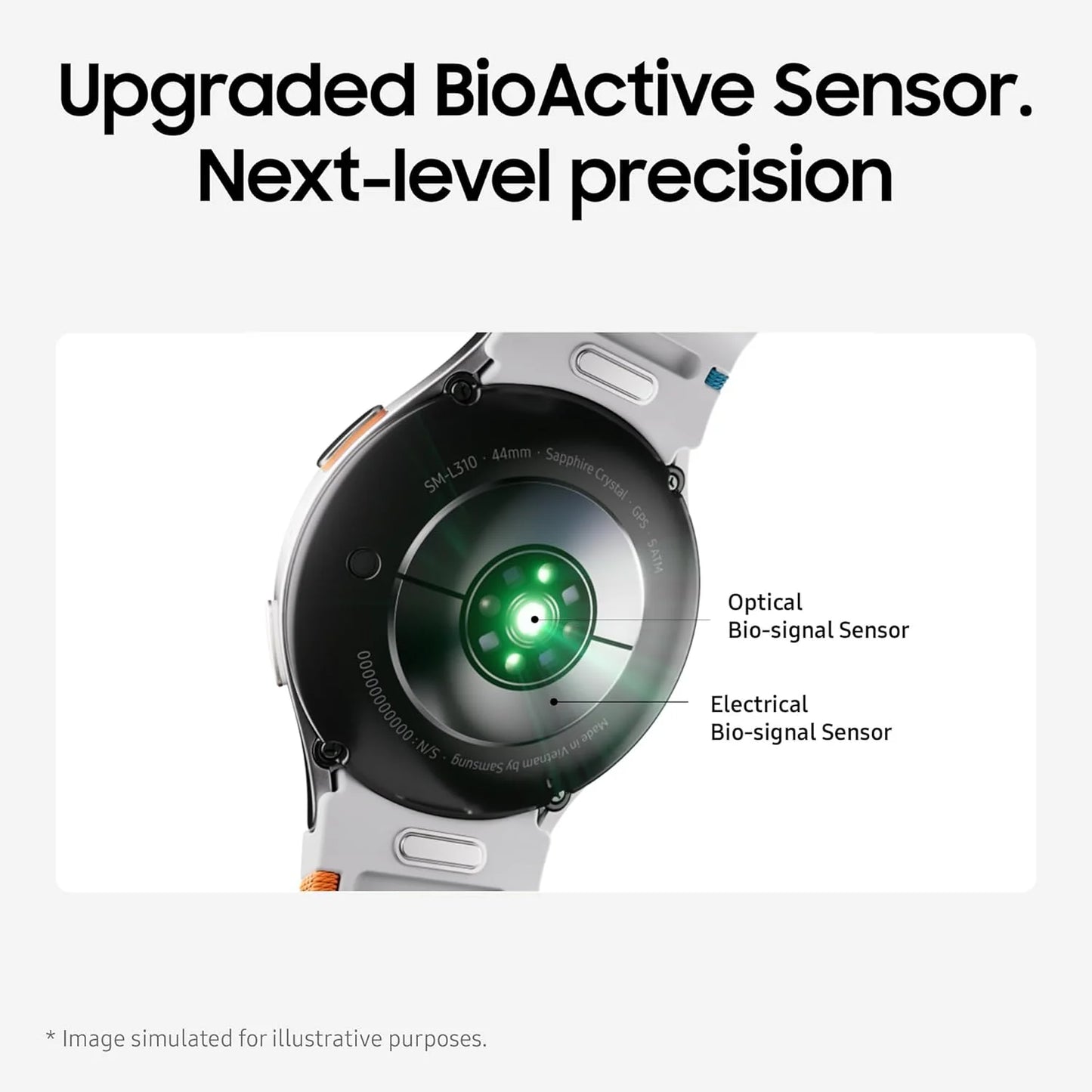 Smartwatch with BioActive Sensor labeled, featuring German text about precision at the wrist.
