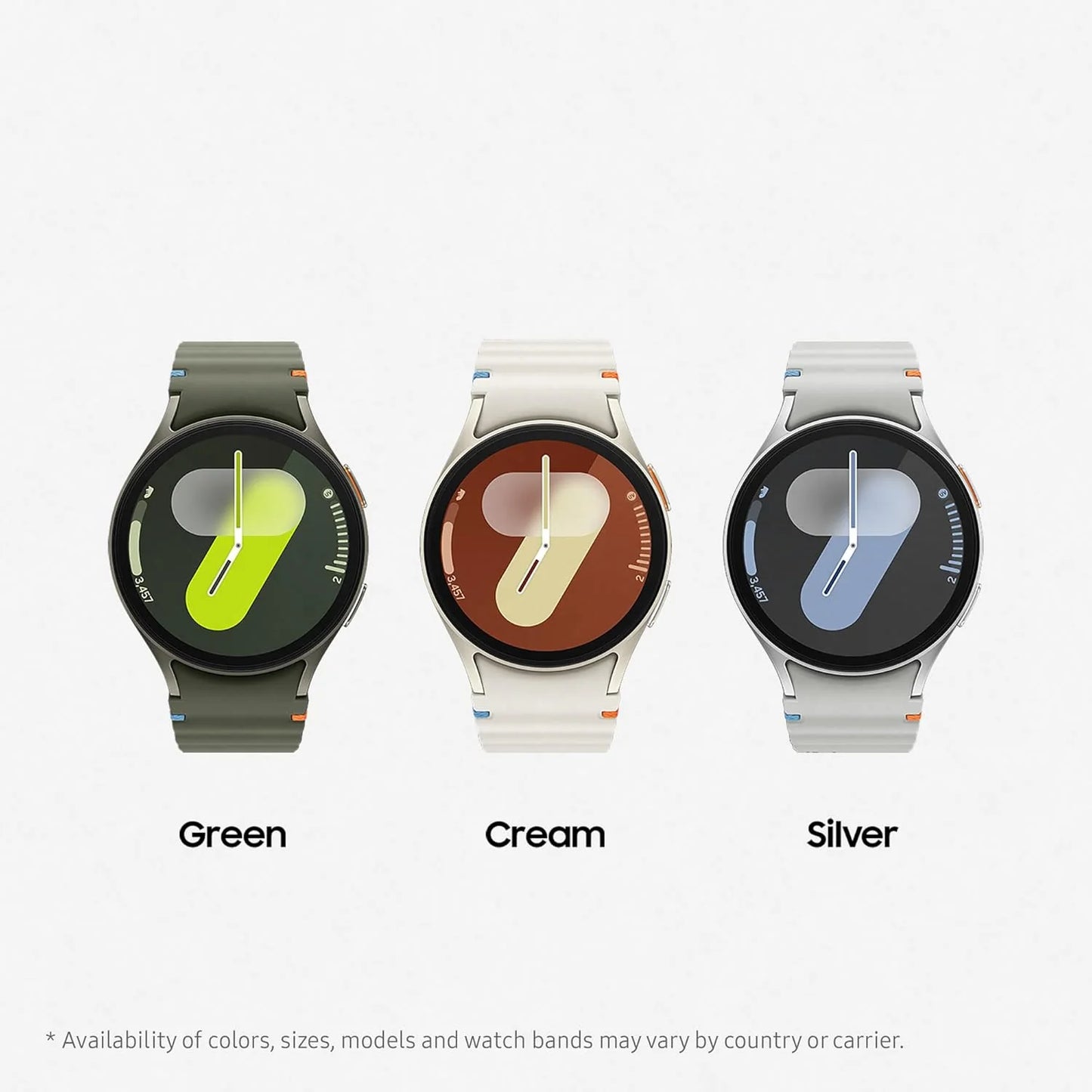 Three smartwatches in green, cream, and silver on a white background