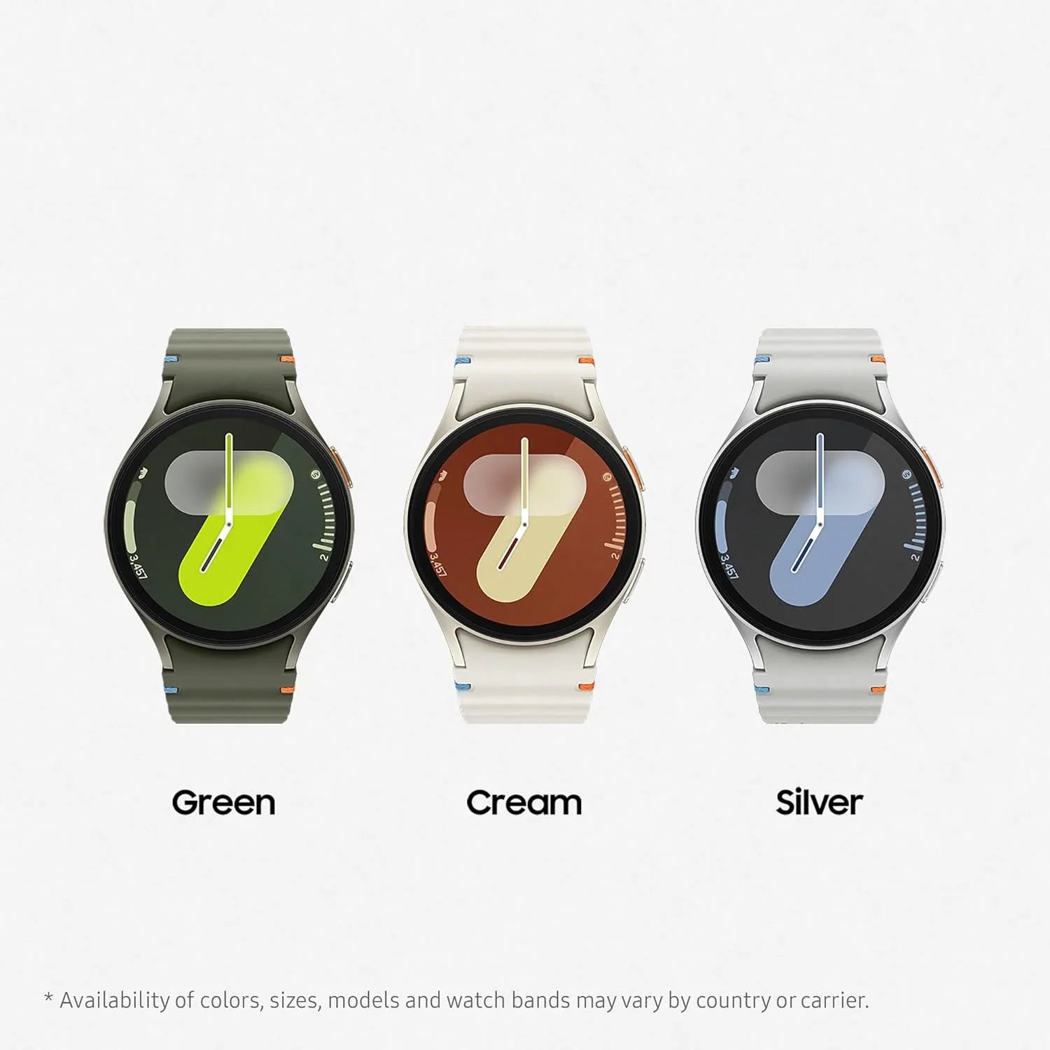 Three smartwatches in green, cream, and silver on a white background