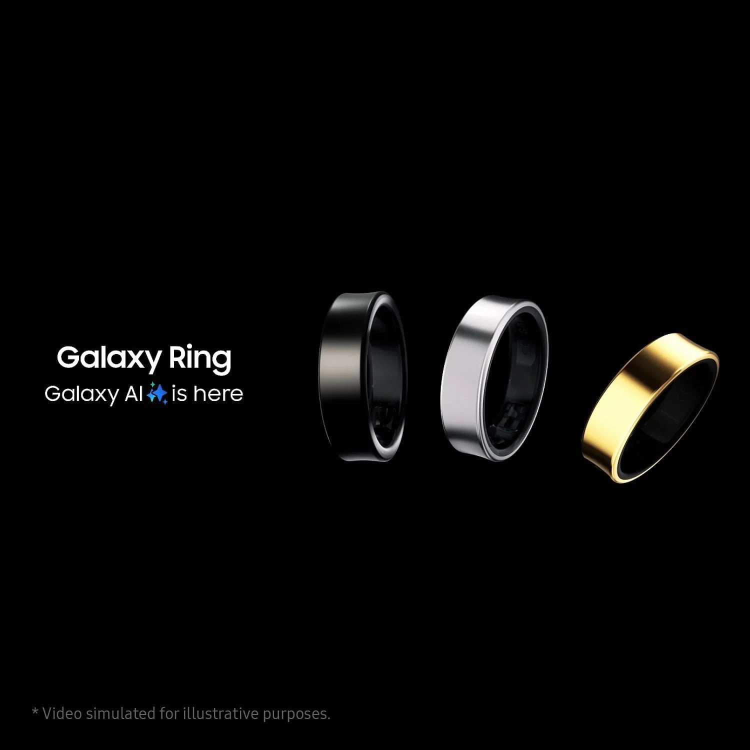 Three Galaxy Rings in black, silver, and gold on a black background with 'Galaxy Ring' text.