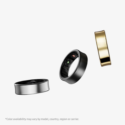 Three smart rings in gold, silver, and black on a white background