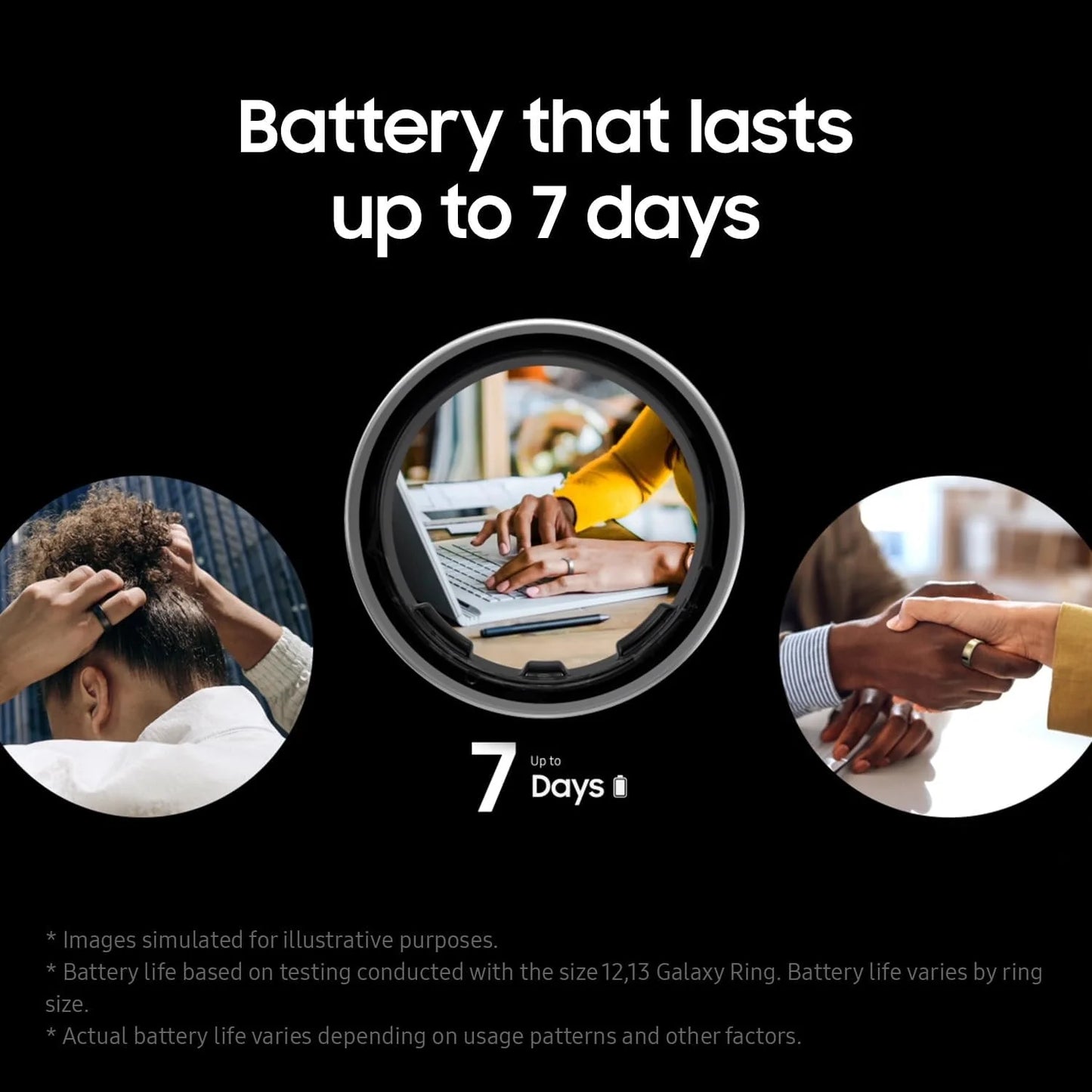 Advertisement for a ring with a battery life feature, showing people using technology and a close-up of the ring.