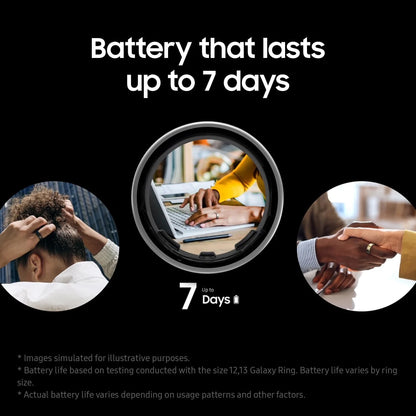 Advertisement for a ring with a battery life feature, showing people using technology and a close-up of the ring.