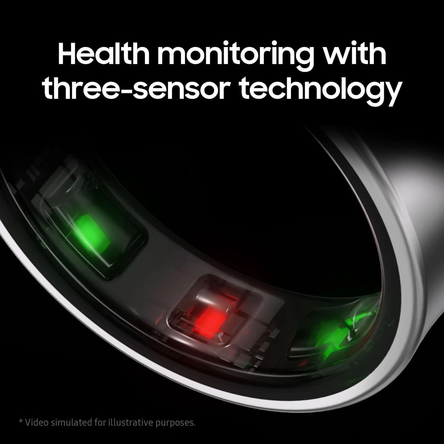 Close-up of a device with three sensors labeled 'Health monitoring with three-sensor technology'.