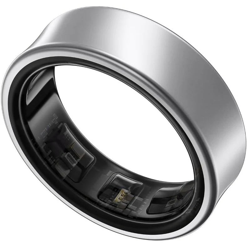 Silver smart ring with electronic components on a white background