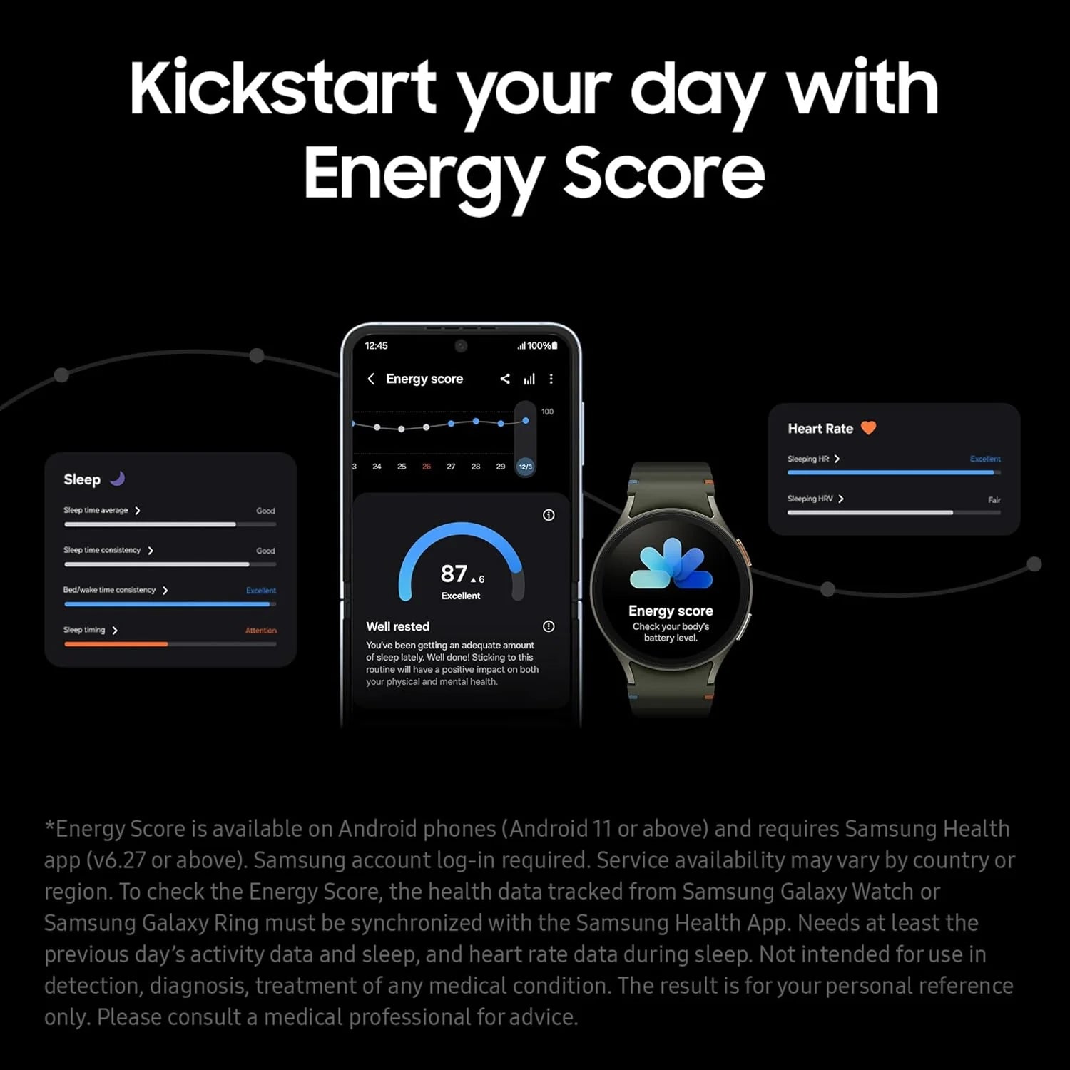 Smartphone and smartwatch displaying energy score and health metrics on a black background