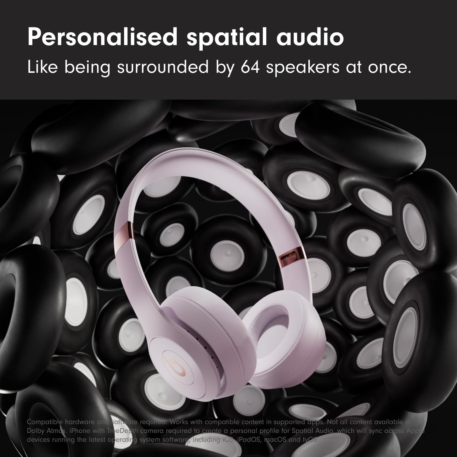 Headphones surrounded by circular speakers with text about personalized spatial audio.