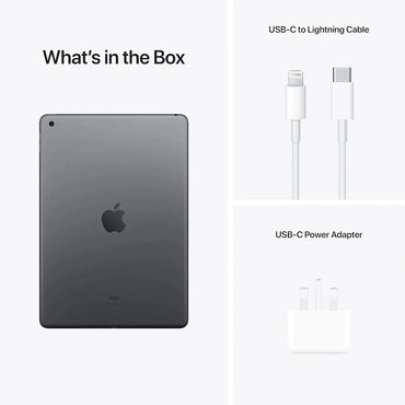 Product packaging list showing an iPad, USB-C to Lightning cable, and USB-C power adapter on a white background.