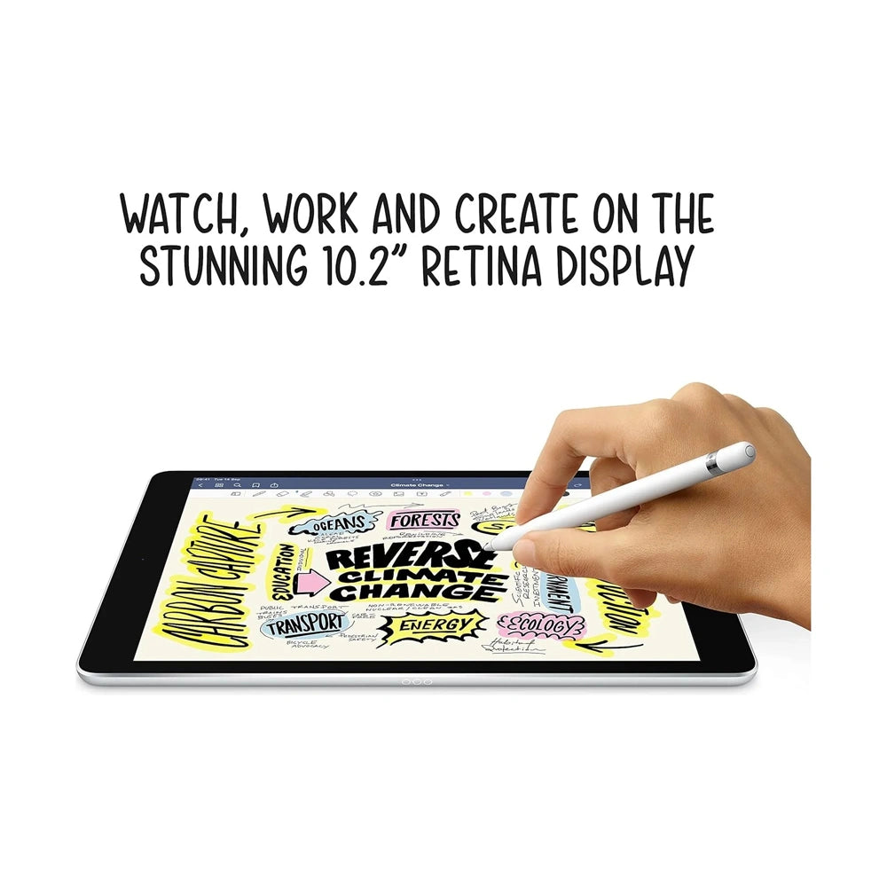 Hand holding a stylus over a tablet with artistic drawings and text on a white background