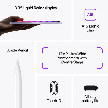 Product features of an Apple device including display, chip, pencil, camera, and battery life on a white background.