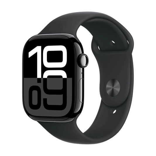 Black smartwatch with digital display on a white background