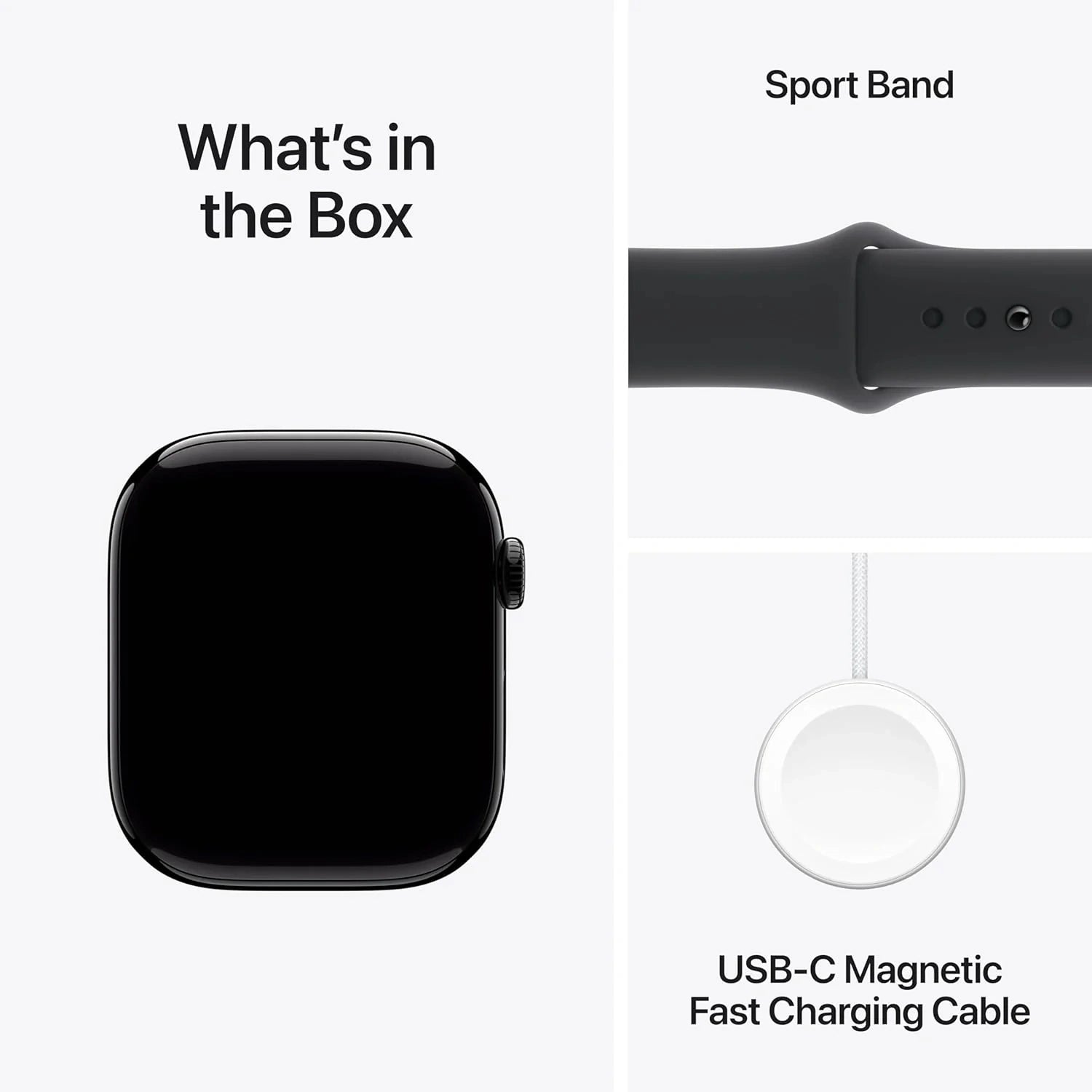 Smartwatch, black sport band, and USB-C magnetic fast charging cable displayed with text indicating what's in the box. apple watch series 10 gps