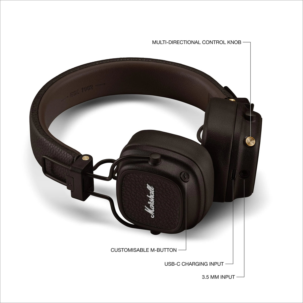 Marshall Major V Bluetooth Wireless Headphones, 100 Hours playtime - Brown
