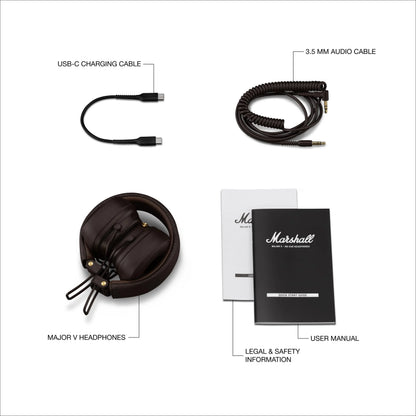 Marshall Major V Bluetooth Wireless Headphones, 100 Hours playtime - Brown
