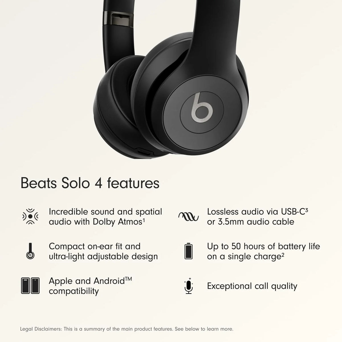 Beats Solo 4 – Wireless Bluetooth On-Ear Headphones, Apple & Android Compatible, Up to 50 hours of Battery Life – Matt Black
