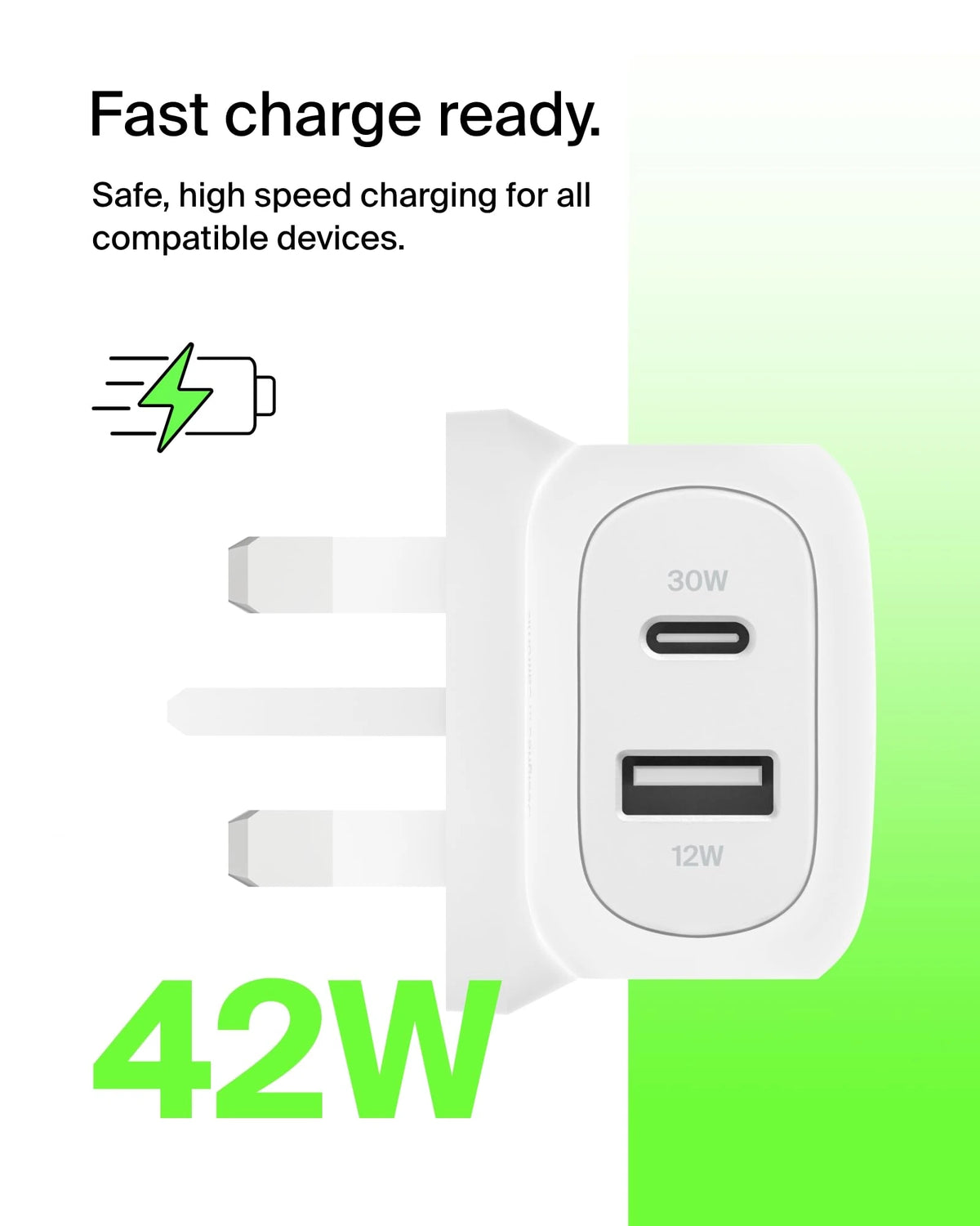 Belkin BoostCharge 42W Dual Port Wall Charger with USB-C and USB-A Samsung, Pixel, iPhone Charger, Fast Charging, 30W USBC Port + 12W USBA Port, PPS Technology, Compact and Travel Friendly