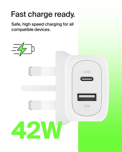 Belkin BoostCharge 42W Dual Port Wall Charger with USB-C and USB-A Samsung, Pixel, iPhone Charger, Fast Charging, 30W USBC Port + 12W USBA Port, PPS Technology, Compact and Travel Friendly