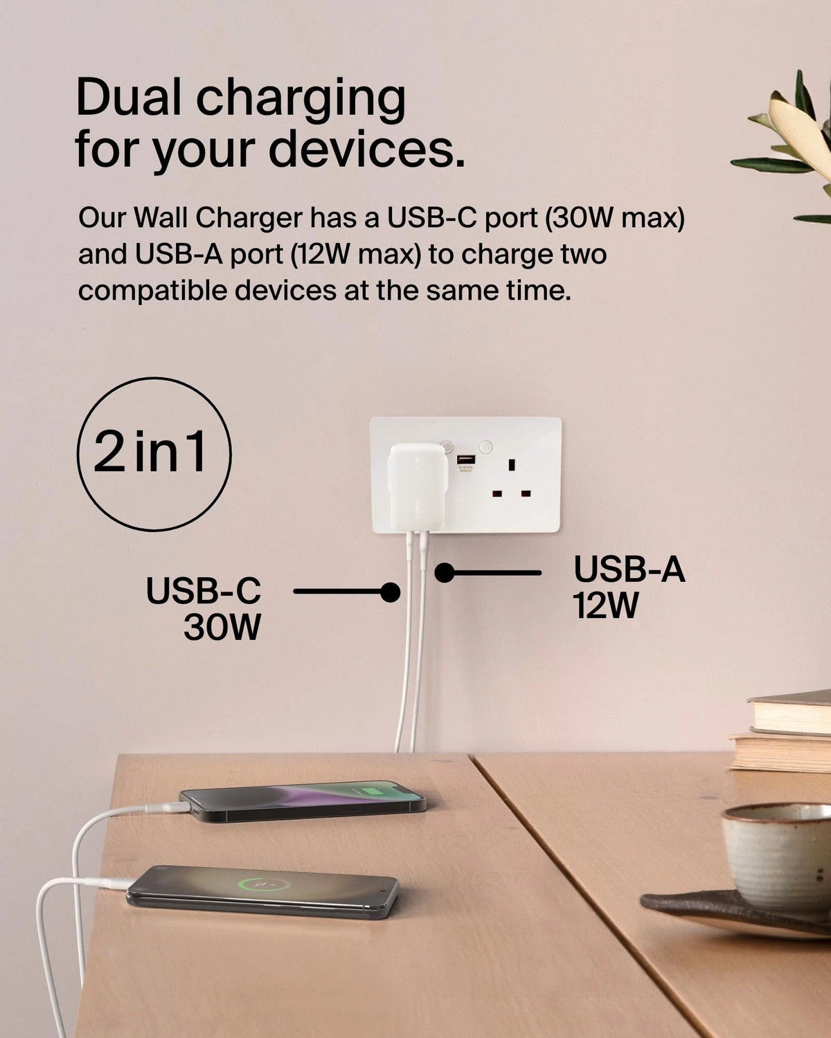 Belkin BoostCharge 42W Dual Port Wall Charger with USB-C and USB-A Samsung, Pixel, iPhone Charger, Fast Charging, 30W USBC Port + 12W USBA Port, PPS Technology, Compact and Travel Friendly