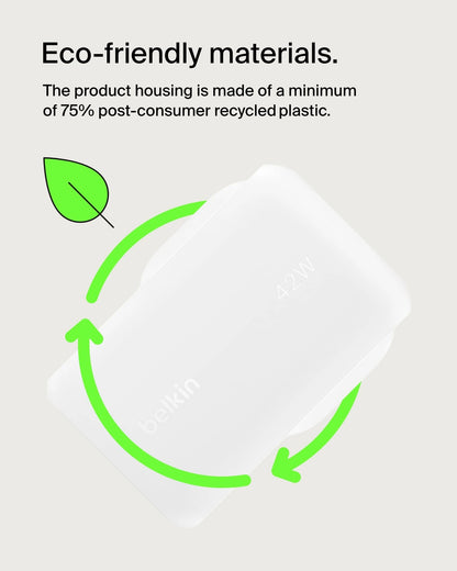 Belkin BoostCharge 42W Dual Port Wall Charger with USB-C and USB-A Samsung, Pixel, iPhone Charger, Fast Charging, 30W USBC Port + 12W USBA Port, PPS Technology, Compact and Travel Friendly