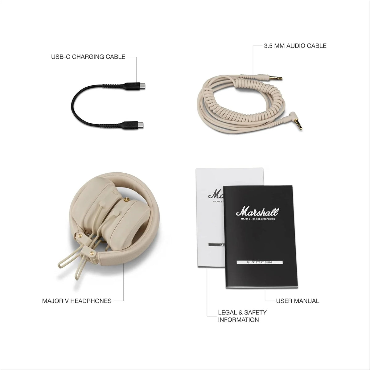 Marshall Major V Bluetooth Headphones, 100 Hours Playtime - Cream