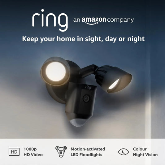 Ring Floodlight Cam Wired Plus | Outdoor Security Camera 1080p HD Video, LED Floodlights, Siren, Wifi, Hardwired | alternative to CCTV system | 30-day free trial of Ring Subscription | Black