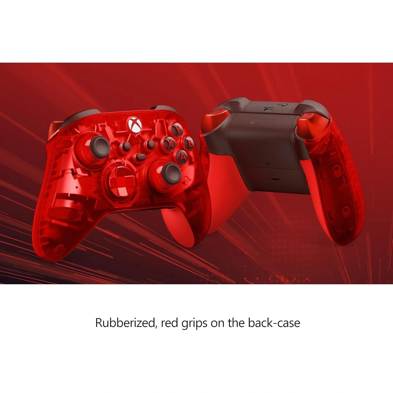 Xbox Wireless Controller – Pulse Cipher with rubberized grips on a red background
