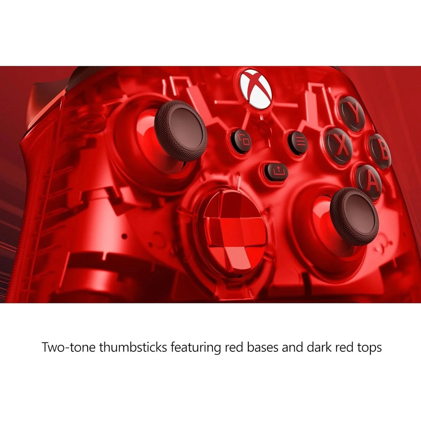 Xbox Wireless Controller – Pulse Cipher with two-tone thumbsticks on a red background