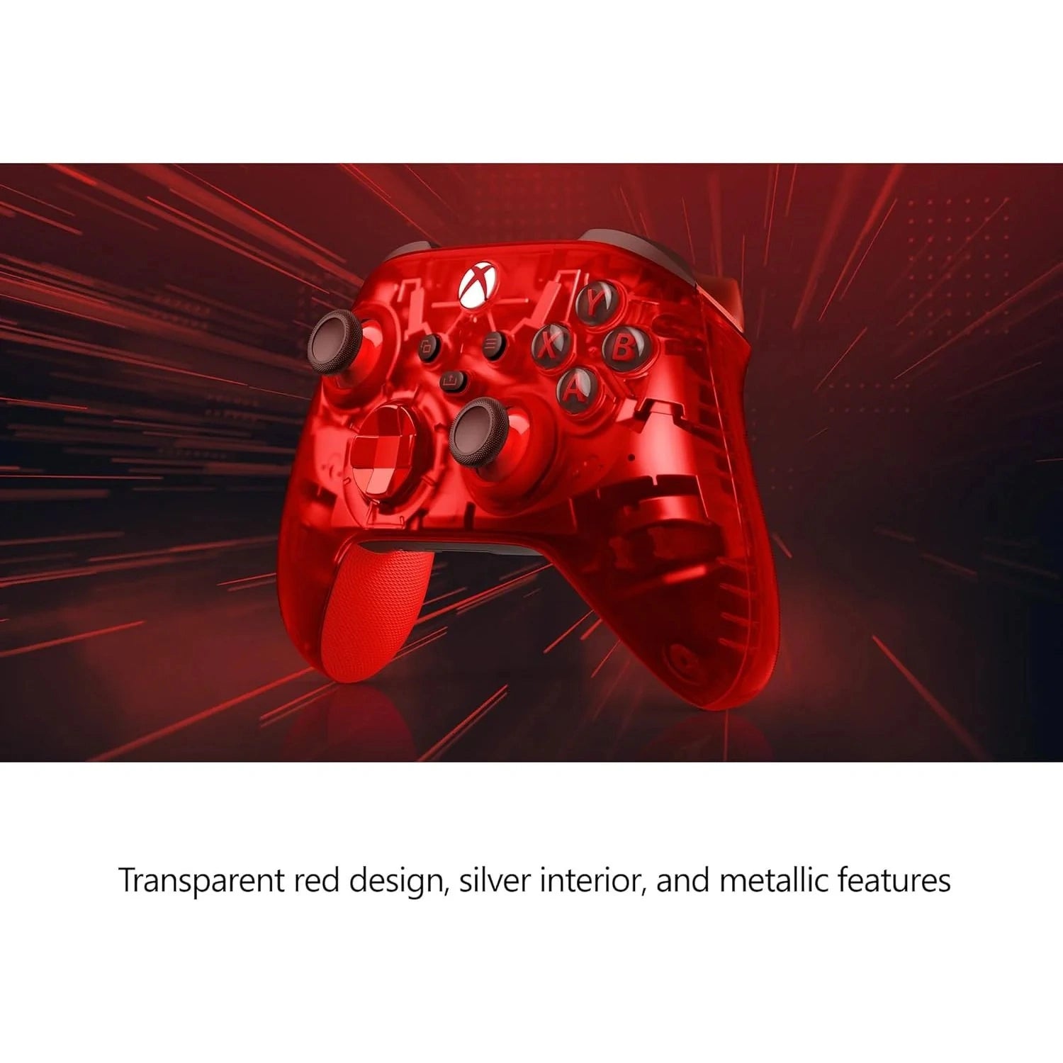 Red gaming controller with transparent design and silver interior on a dark background