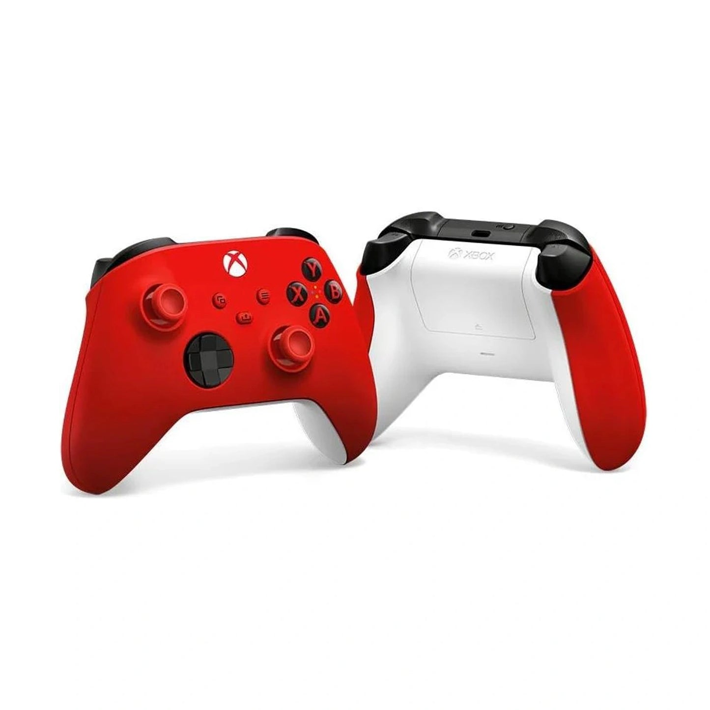 Red and white gaming controller on a white background